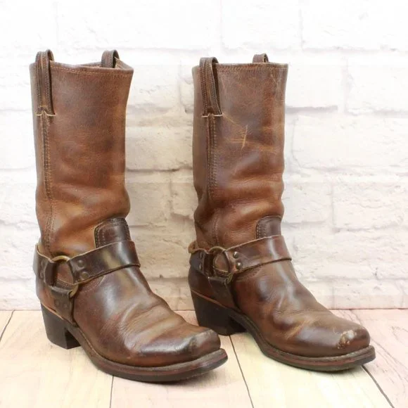 Vintage Frye Brown Leather Mid Calf Harness Western Boots Size 8.5 Medium - Picture 3 of 11